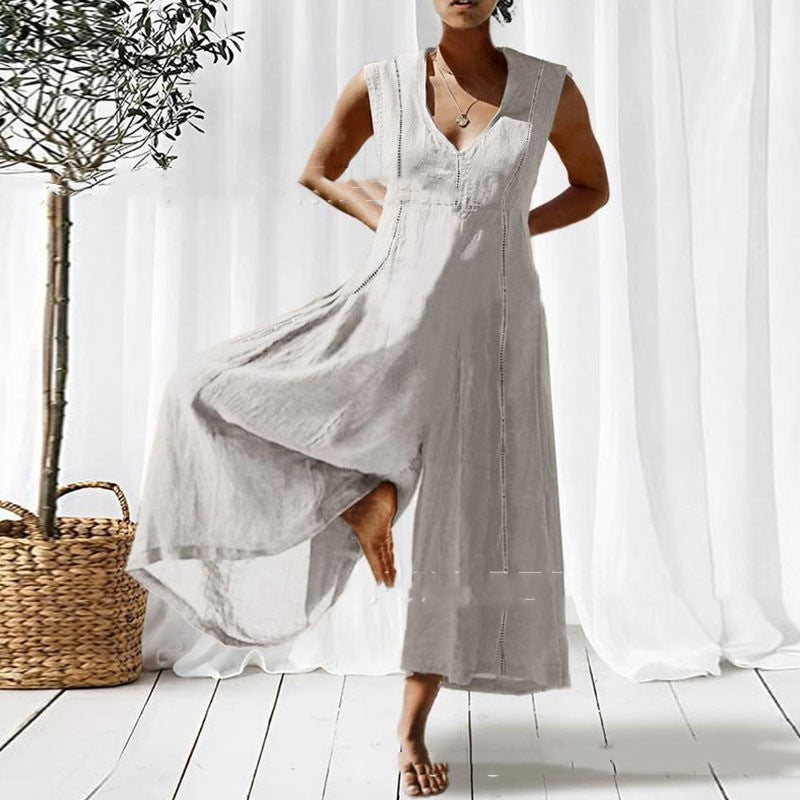 Loose V-neck Long Sleeveless Jumpsuit For Women