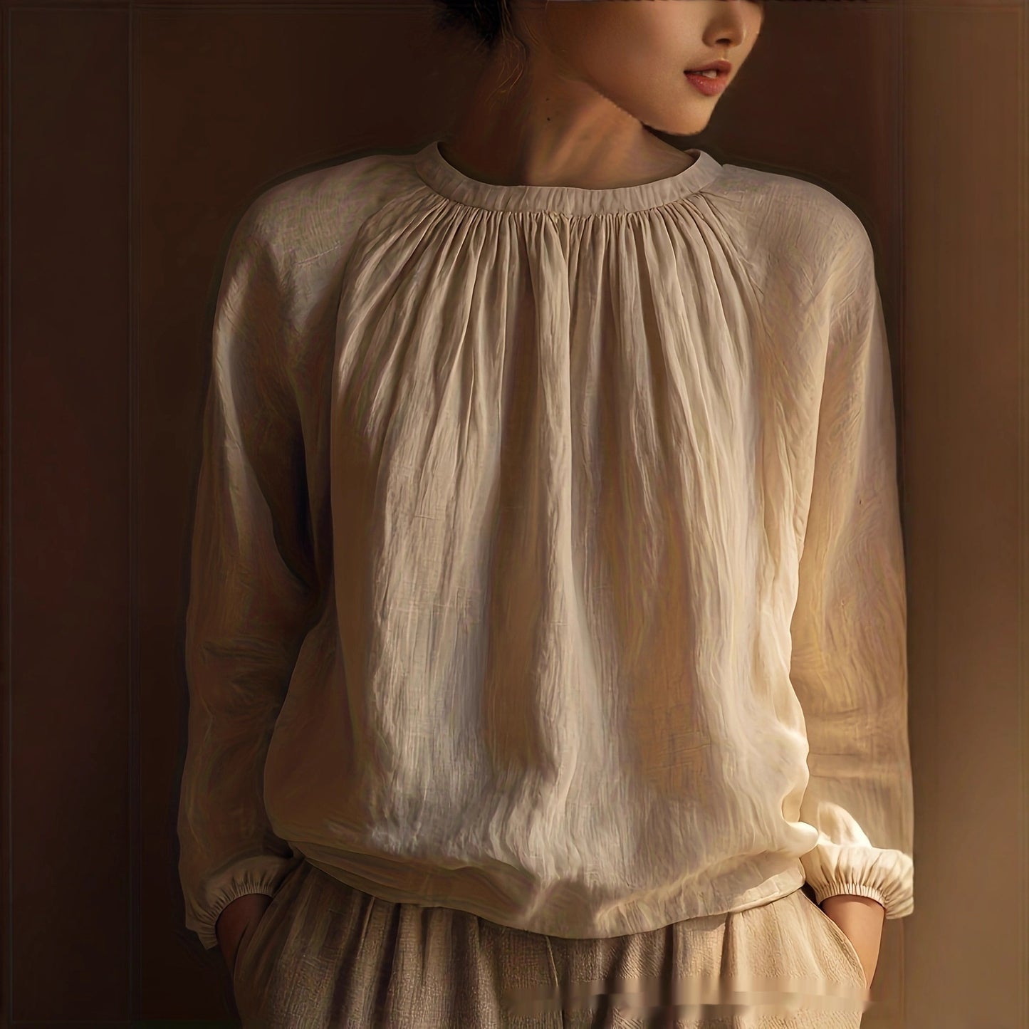 Womens Solid-Color Elegant And Minimalist Linen Long-Sleeve Top