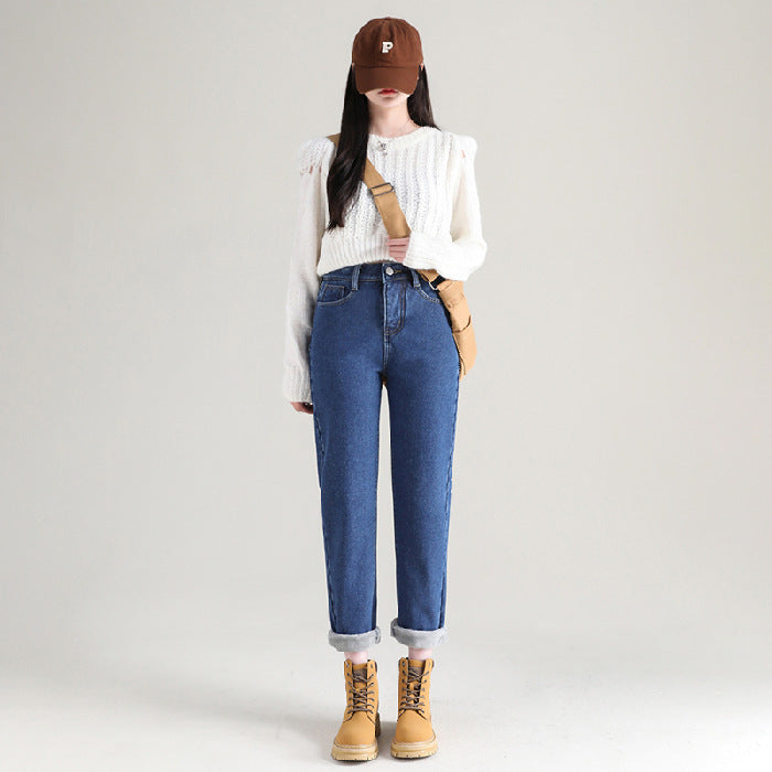 Højtaljede tykke fleeceforede jeans til kvinder, lige model