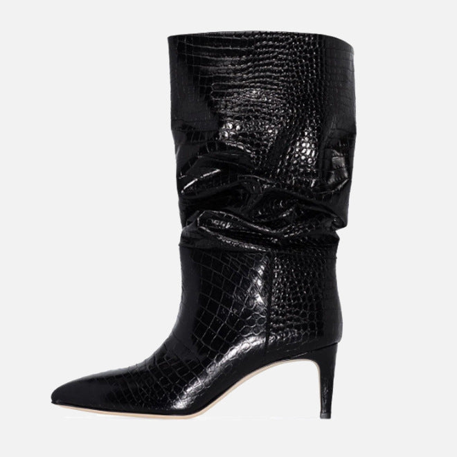 Pointed Toe Stiletto High Heel Snake Print Pleated Mid-top Boots Purple And Silver Women's Boots