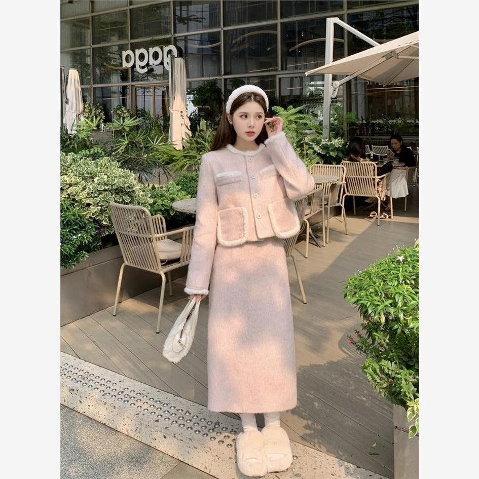 Womens Stylish Plush Short Coat And Skirt Set