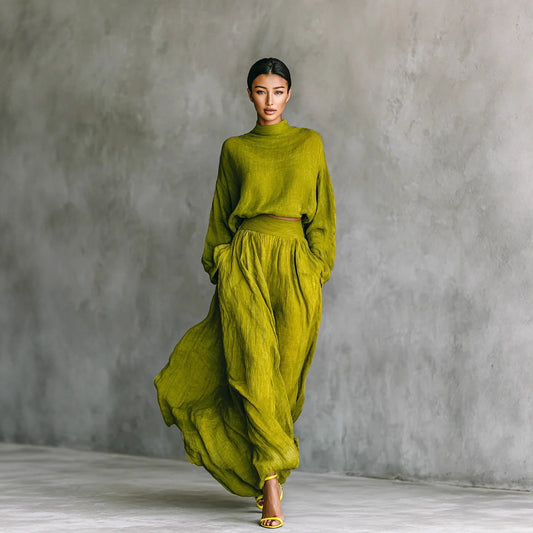 Womens Solid-Color Loose Top And Pocketed Long Skirt Set