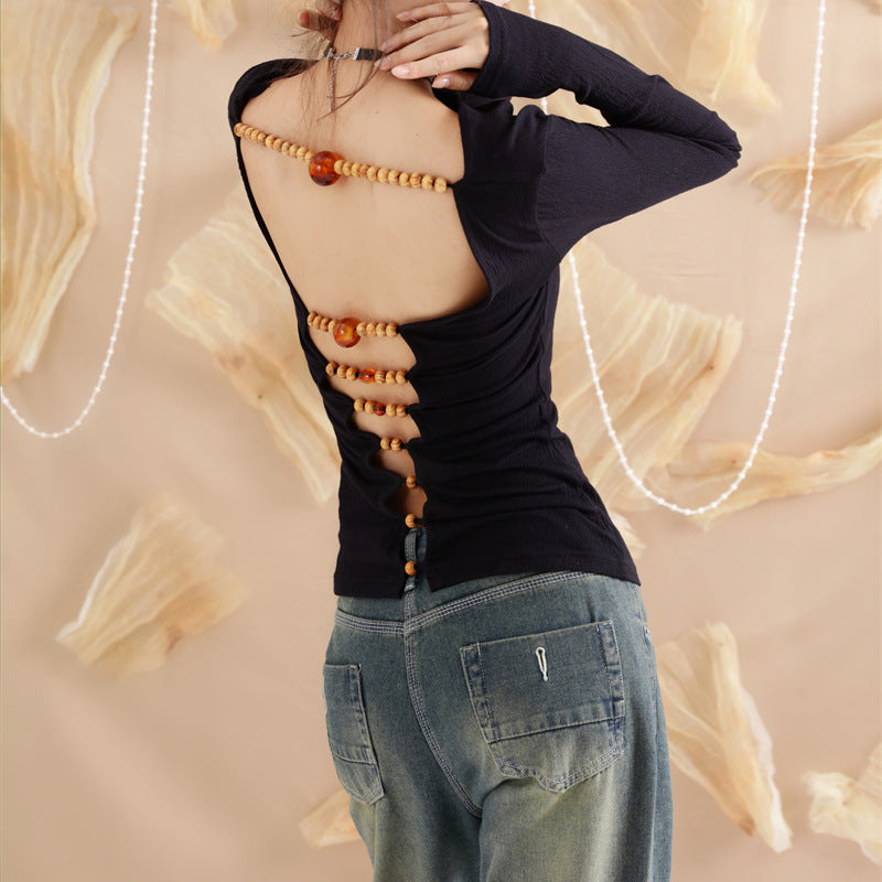 Zen Wooden Bead Deconstruction Slim-fitting Simple Top