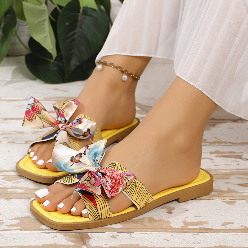 Ribbon Bow Sandaler Sommer Nye Firkantet Tå Lav Hæl Sandal Til Kvinder Slides Mode Afslappede Strandsandaler