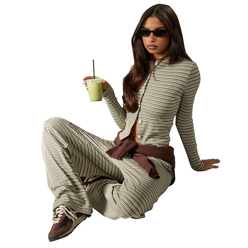 Striped Single-breasted Long Sleeve Drawstring Trousers Two-piece Suit