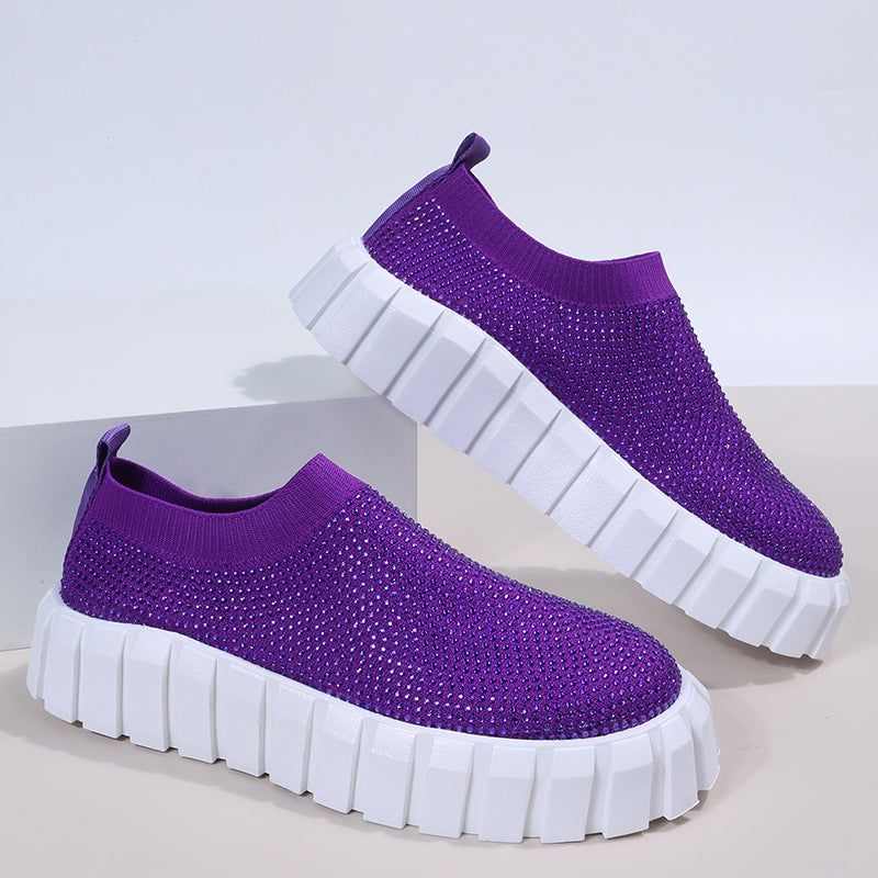 Large Size Thick Bottom Rhinestone Solid Color Mesh Casual Shoes