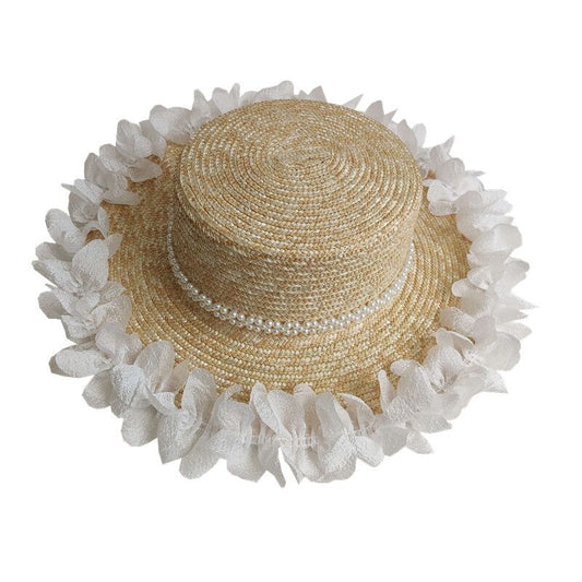 Women's Pearl Lace Flat Top Straw Hat