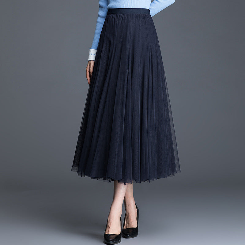 Womens Mid-Waist Pleated Flowy Mesh Lace Skirt