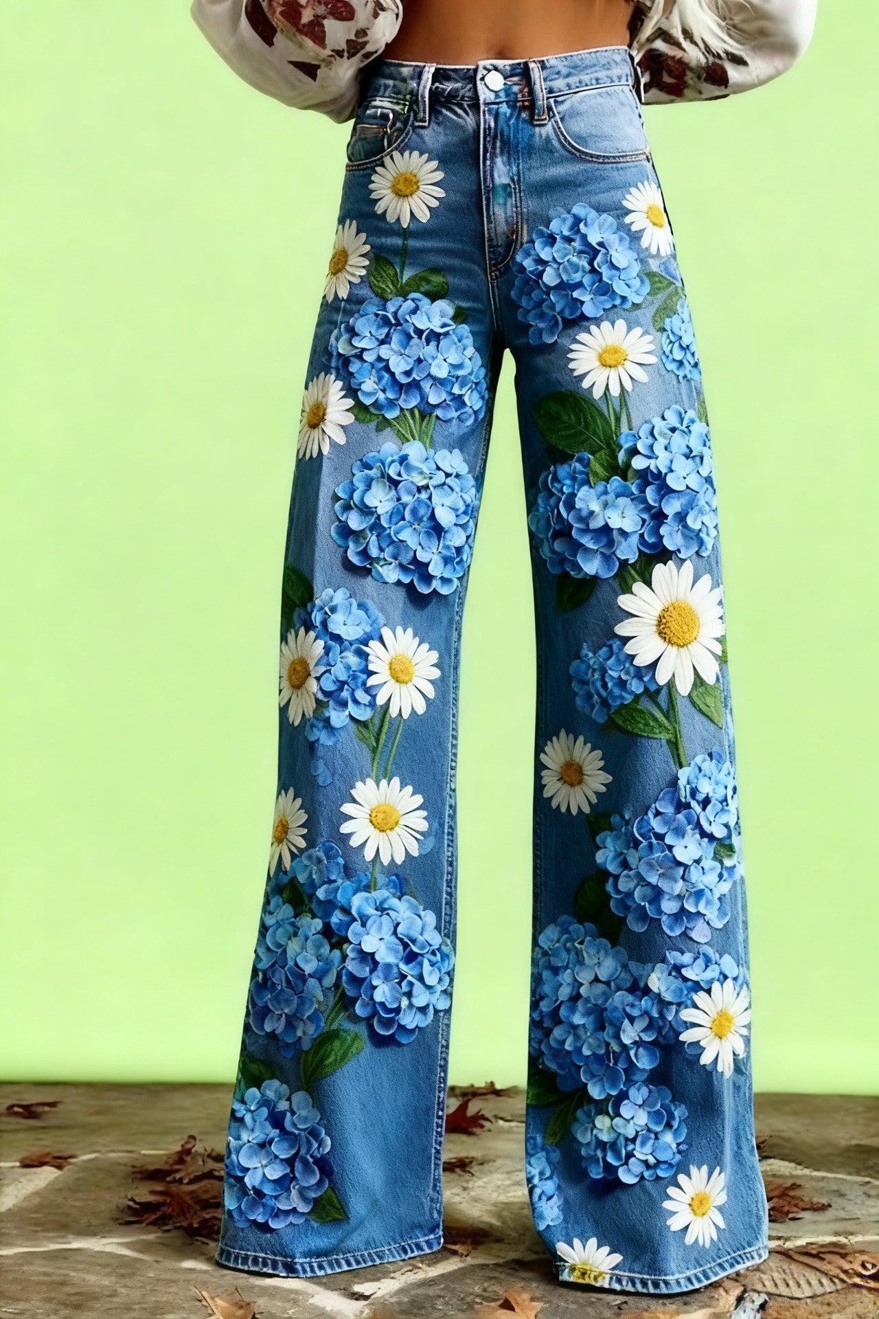 Floral-patterned Slim-fit Faux Denim Wide-leg Pants