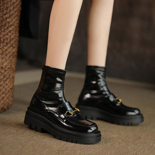 Top Layer Cowhide Casual Round Toe Fashion Low-heeled Platform Short Boots Women
