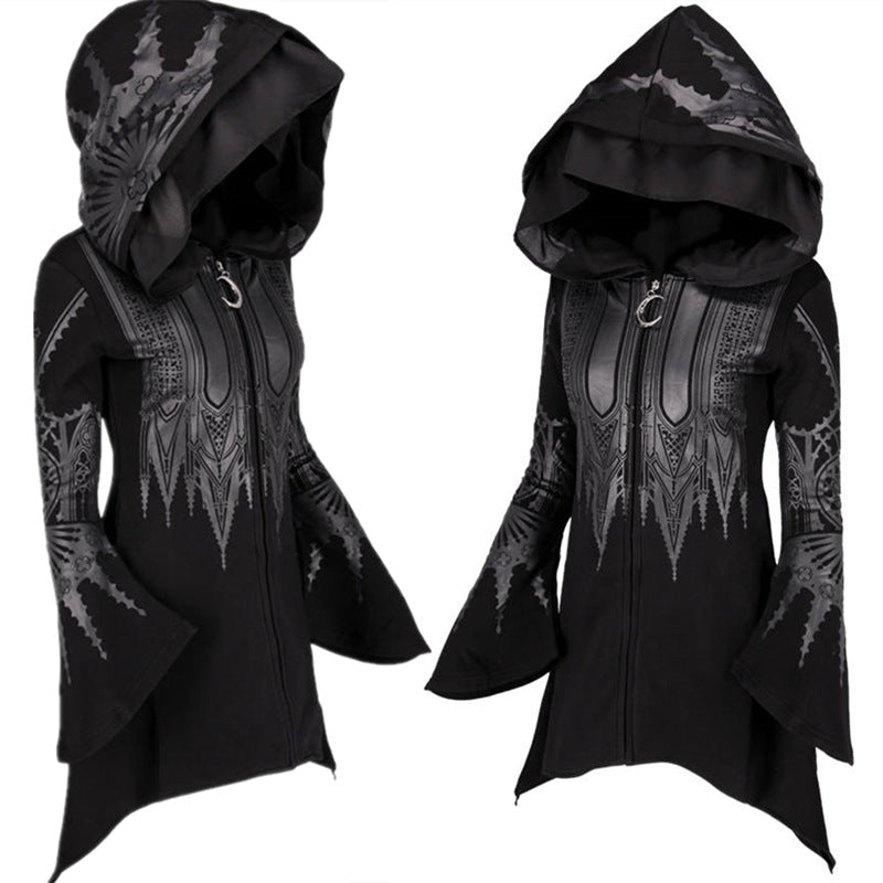 Halloween Cosplay Hættetrøje Dame Punk Sort Lang Hættetrøje med Print Sweater
