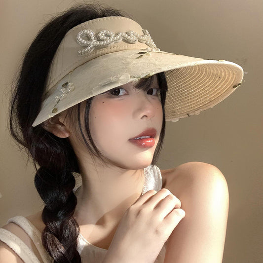 Lace Flower Pearl Visor Straw Hat Female Summer