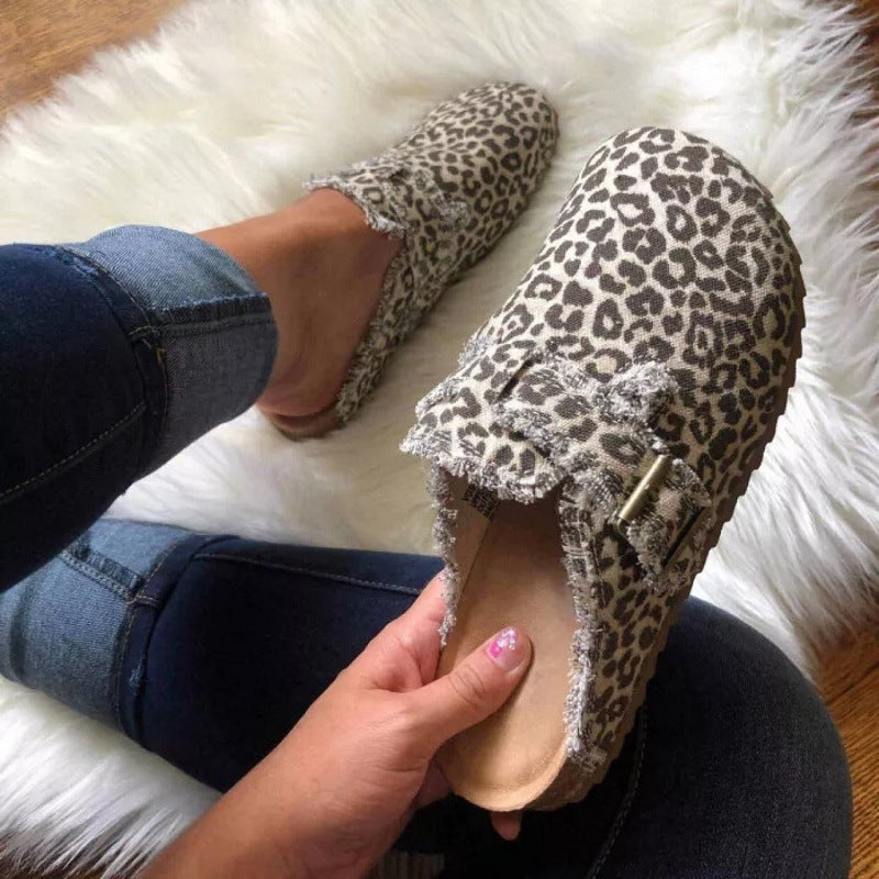 Independent Station Cross-border Oversized Shoes Women's Spring And Autumn European And American New Leopard Print Semi Slippers Shoes Lazy Shoes Peas Shoes