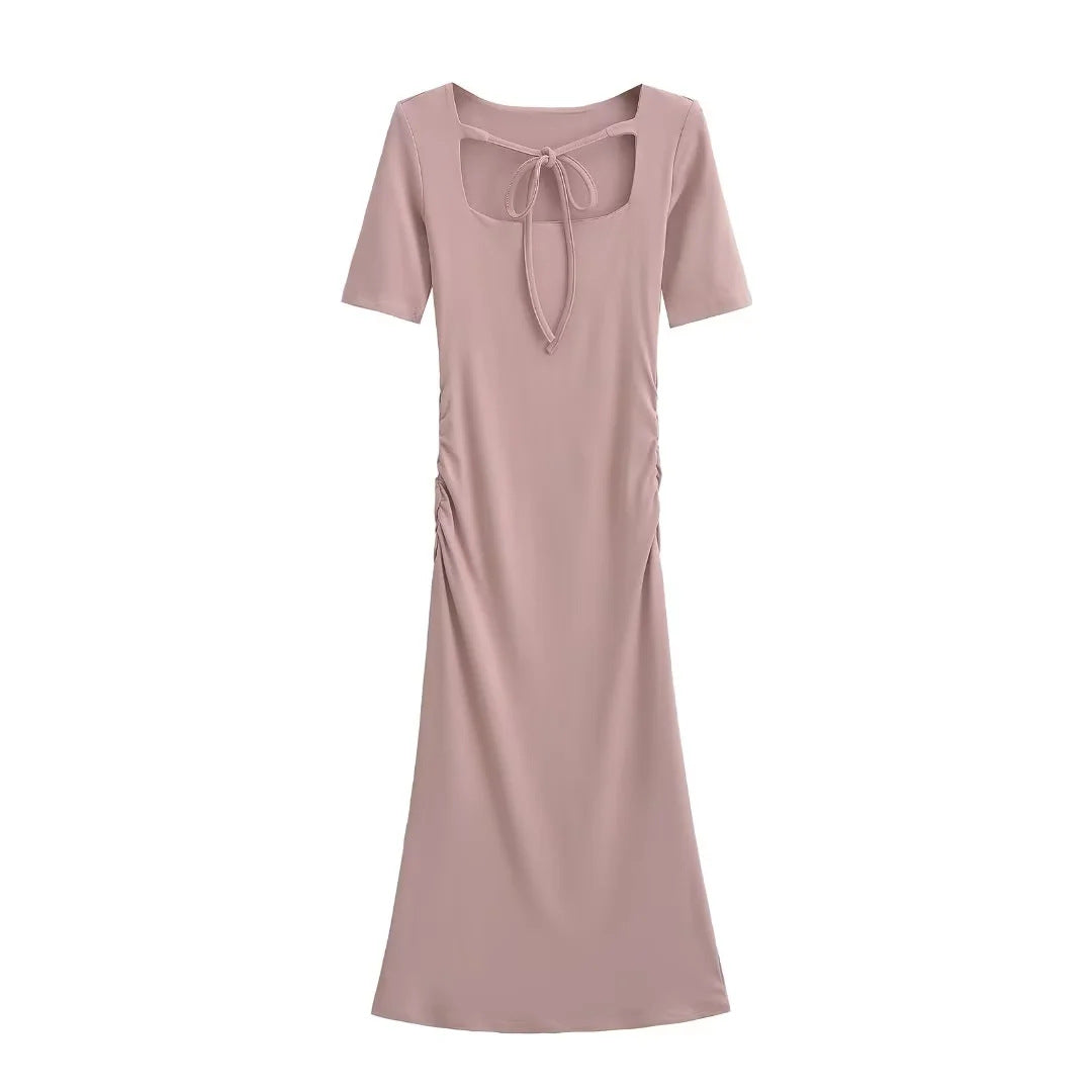 Square Neck Tie-waist Pleated Short Sleeve Dress