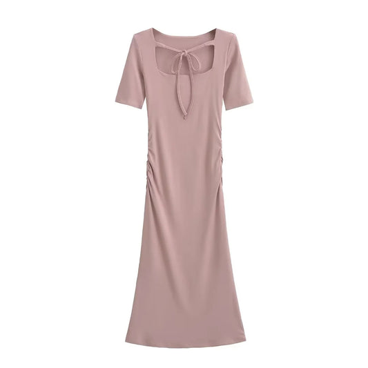 Square Neck Tie-waist Pleated Short Sleeve Dress