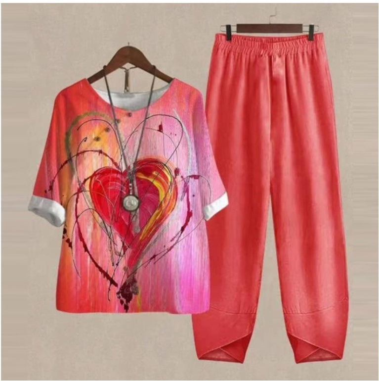 New Women's Five-quarter Sleeve Printed Top Two-piece Pants