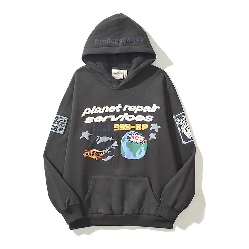 Maychao High Street Broken Planet Puff Print High Street Men's And Women's Loose Casual Hooded Sweater