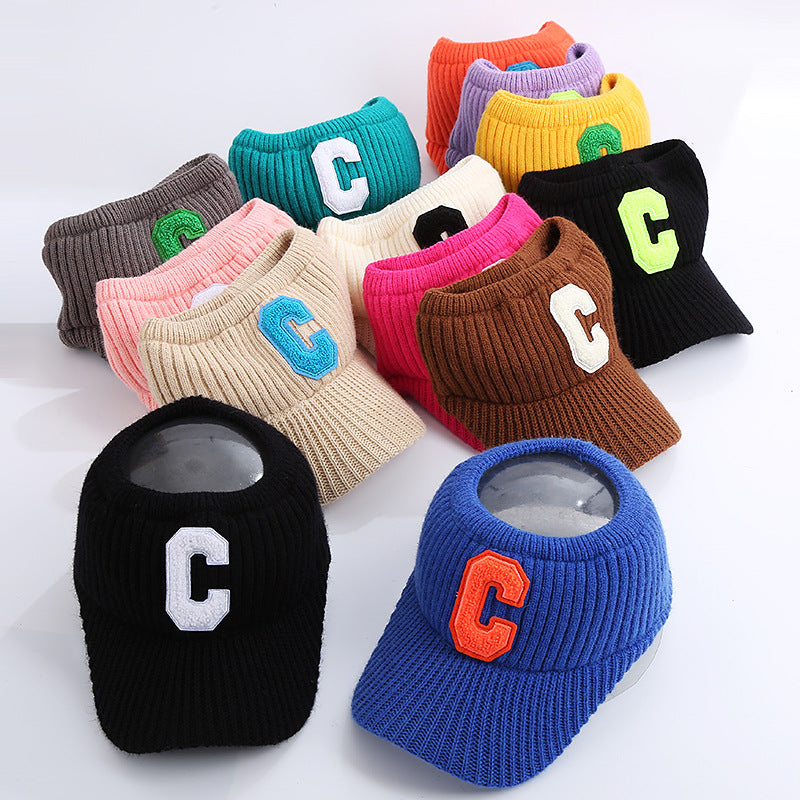 Female C Letter Fleece Warm Empty Top Knitted Baseball Hat