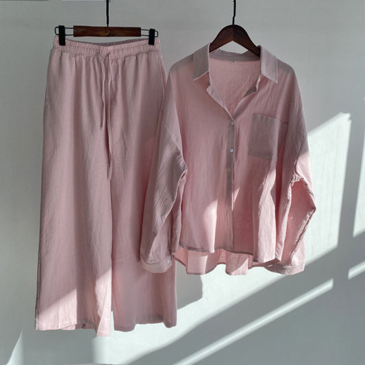 Women's 2-piece Retro Plus Size Cotton Linen Shirt Outfit High Waist Loose Trousers