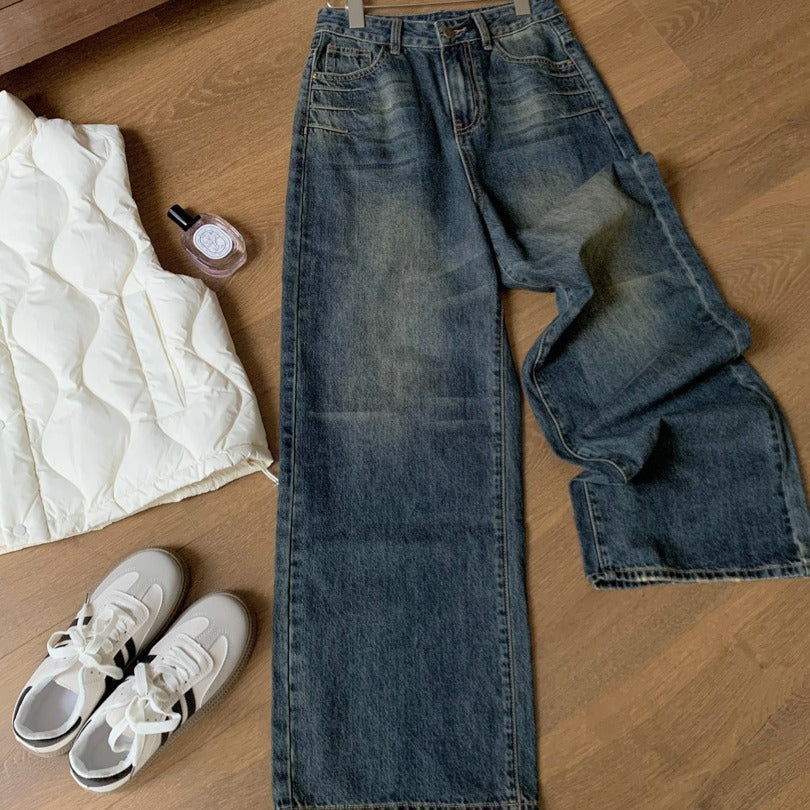 Retro Washed Denim Mop Pants Women's Design Sense Three-dimensional Cat Beard Wide Leg Pants Jeans