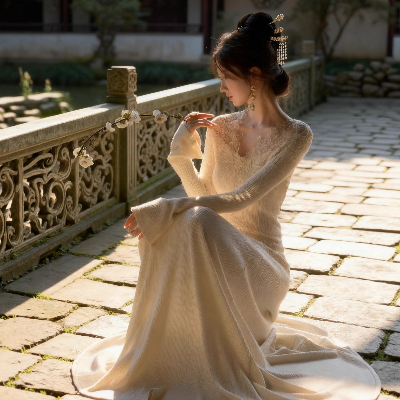 Womens Fashion Lace-Trim Knitted Long-Sleeve Dress