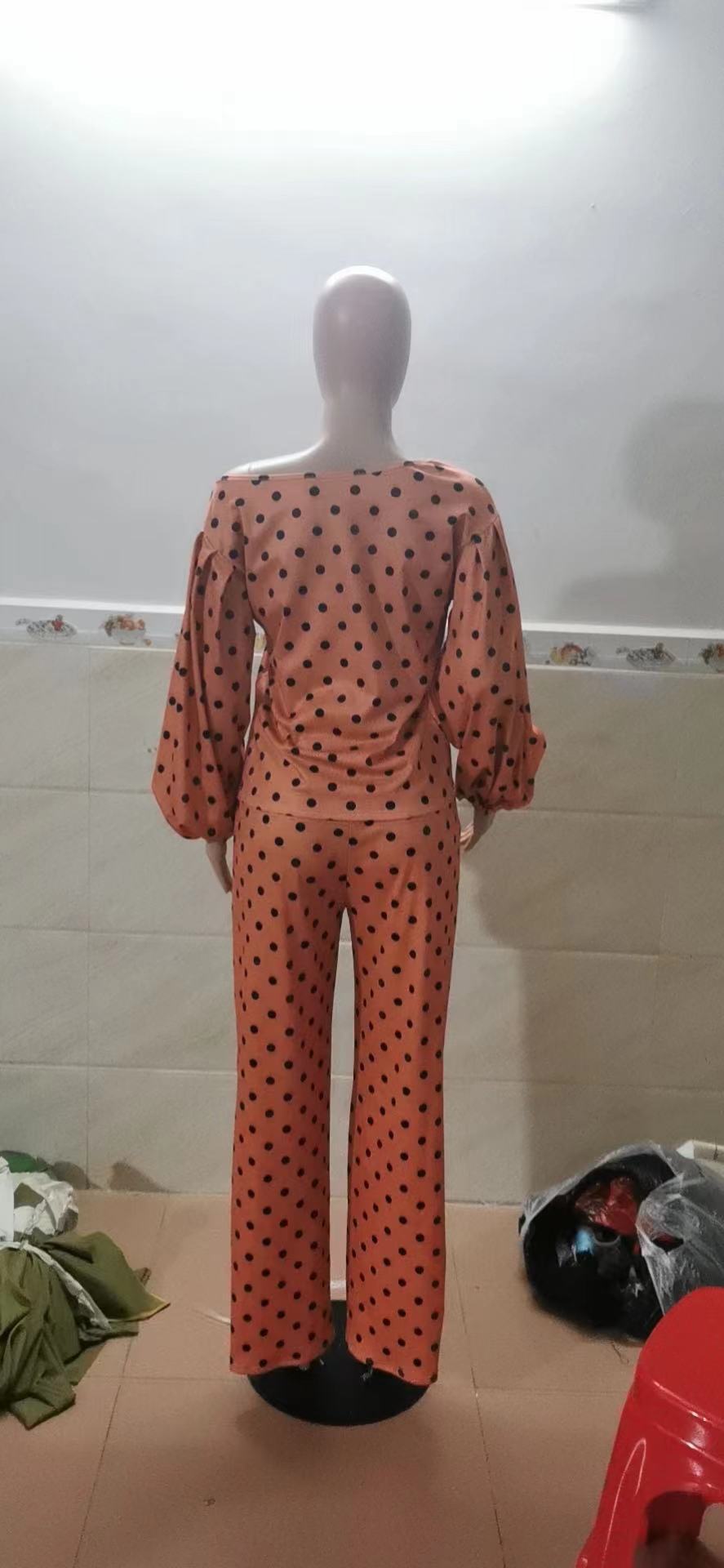 Polka Dot Printed Long-sleeved Trousers Casual Fashion Loose Shoulder Suit