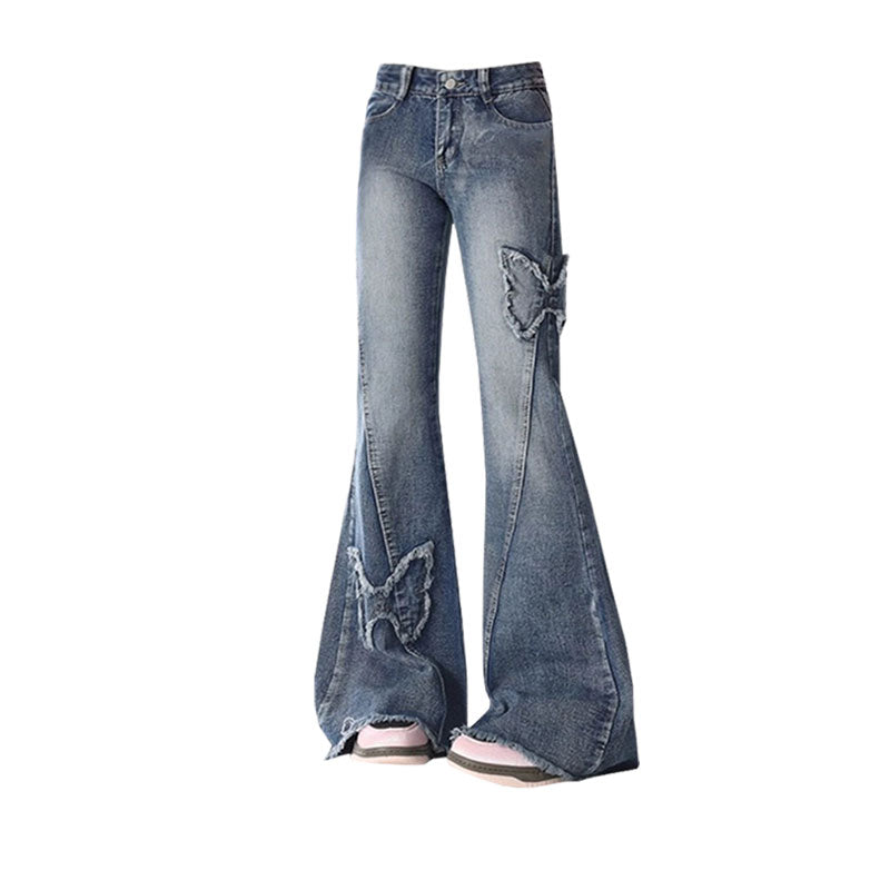 Vintage sommerfugl klistret stofbroderi jeans lige ben vidde bukser