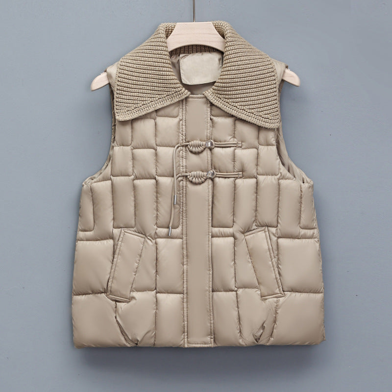 Stand Collar National Style Buckle Knitted Lapel Sleeveless Cotton-padded Jacket Vest