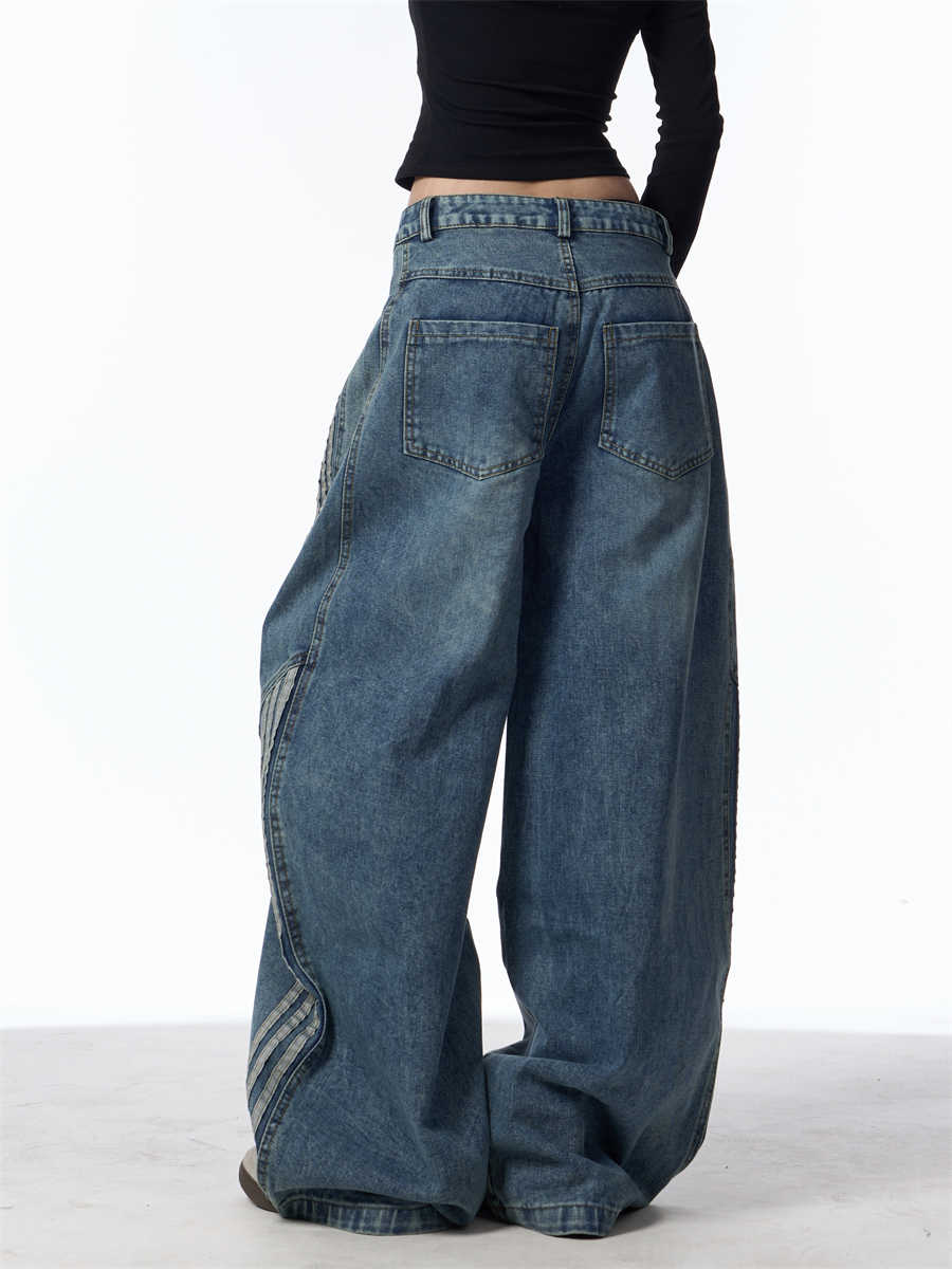 Retro Washed Jeans Women's Striped Stitching Wide-leg Pants