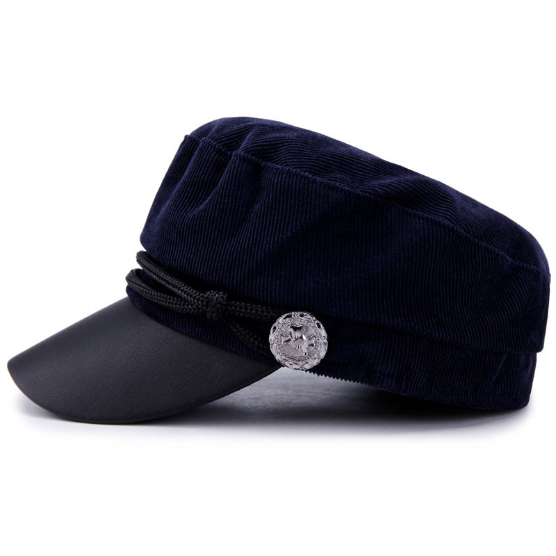 Spring, Summer, Autumn And Winter Navy Hat Women's British Retro Men PU Leather Seal Flat-top Hat