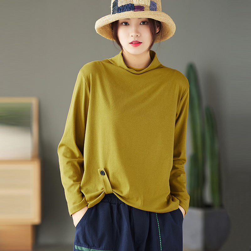 Womens Retro Half-Neck Button-Down Long-Sleeve T-Shirt