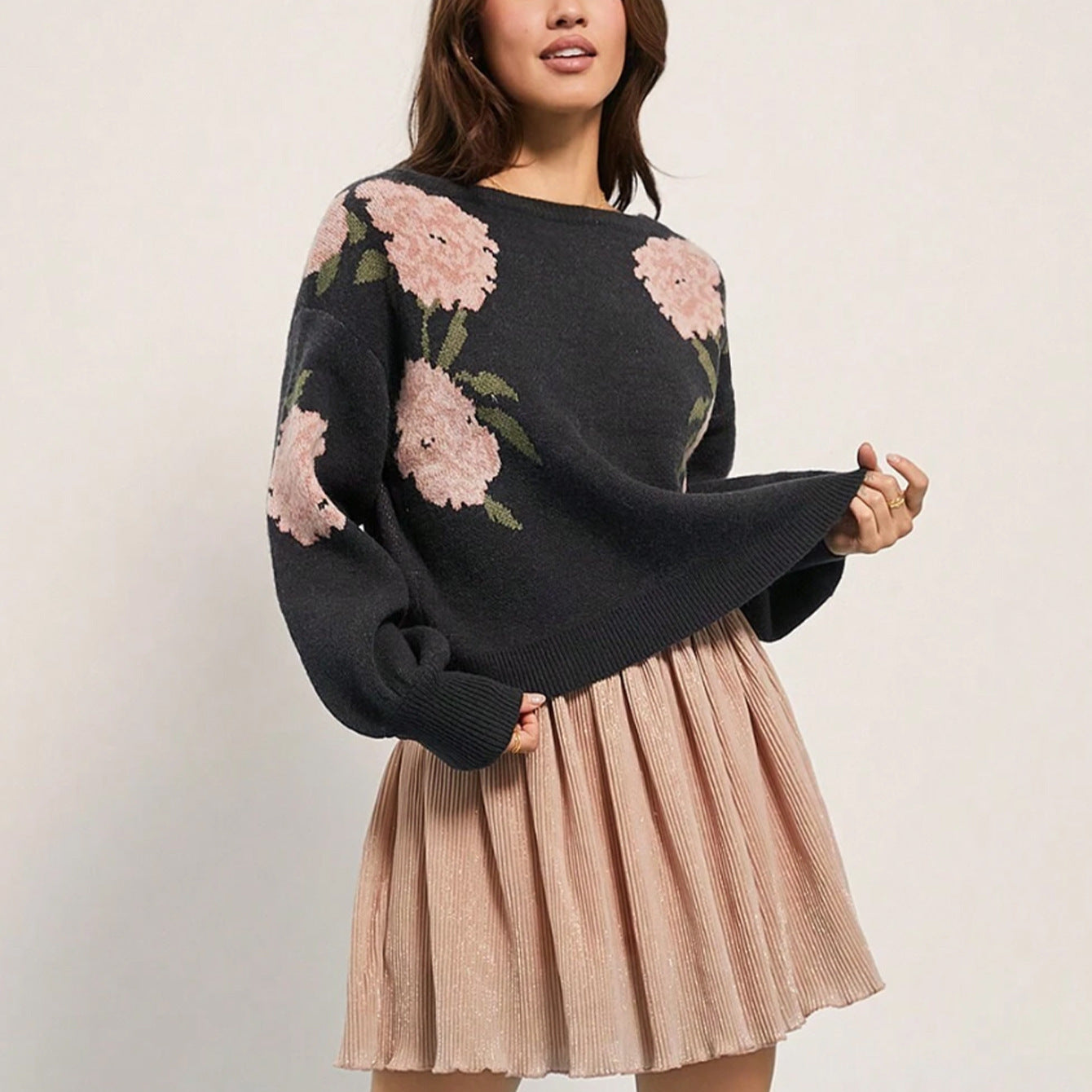 Dame Casual Løs Off Shoulder Blomstret Jacquard Pullover Striktrøje