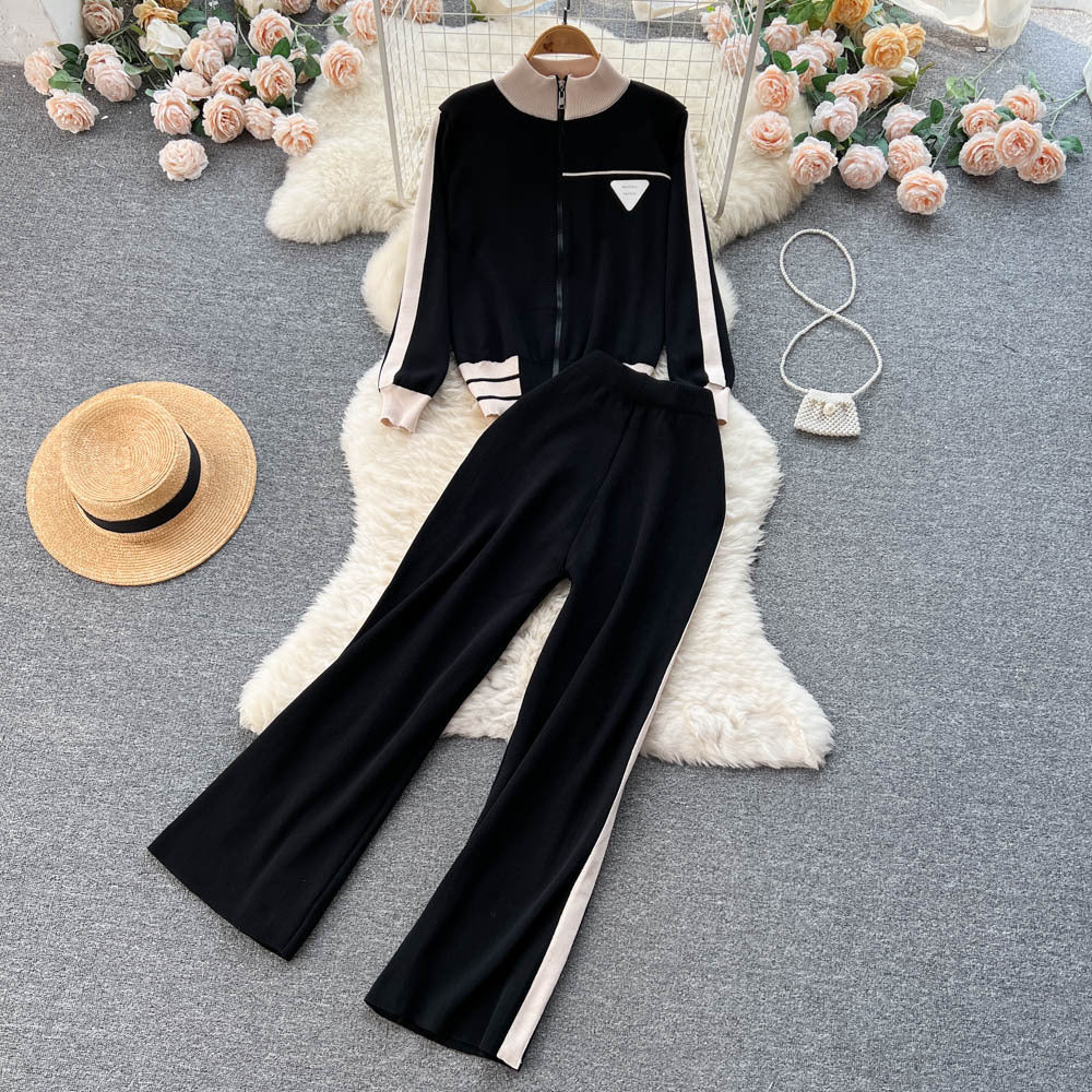 Athletic Contrast-color Long-sleeve Baseball Jacket And Casual Pants Set