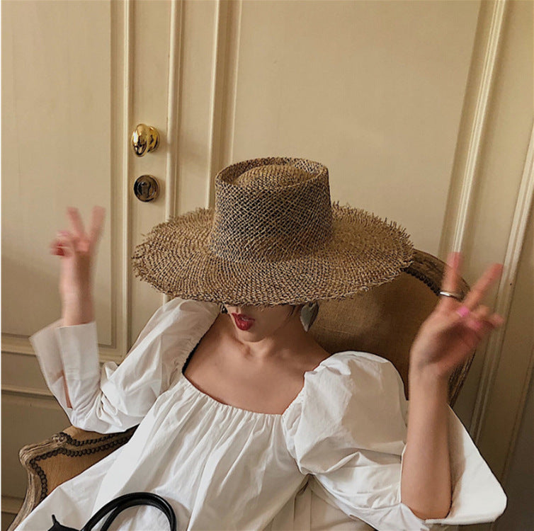 European And American British Hollow Flat Brim Salty Straw Hat