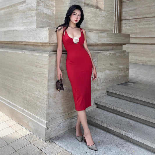 Womens French Elegant Retro Red Two  Piece Look 3D Floral Dress