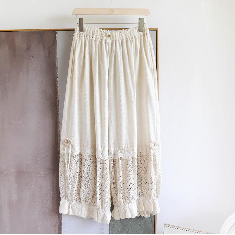 Forest Style Fully Hollowed Out Embroidered Patchwork Lantern Pants