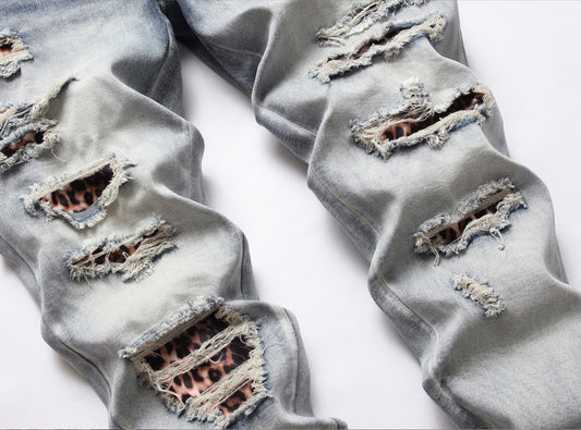 Men's Light Color Damage Patch Worn Jeans
