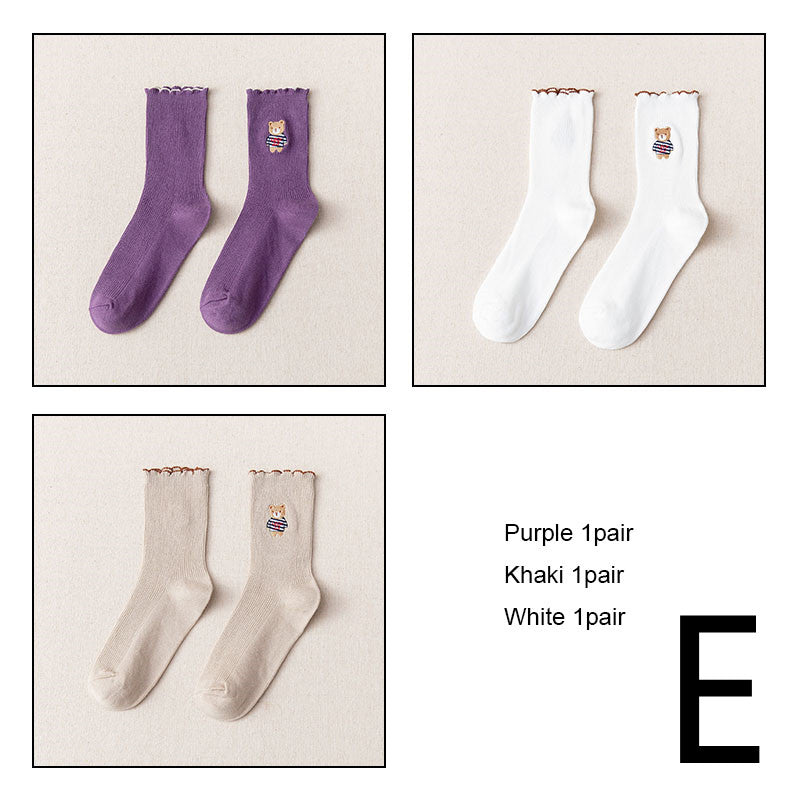 Women's Bear Embroidered Fungus Lace Mid Tube Socks