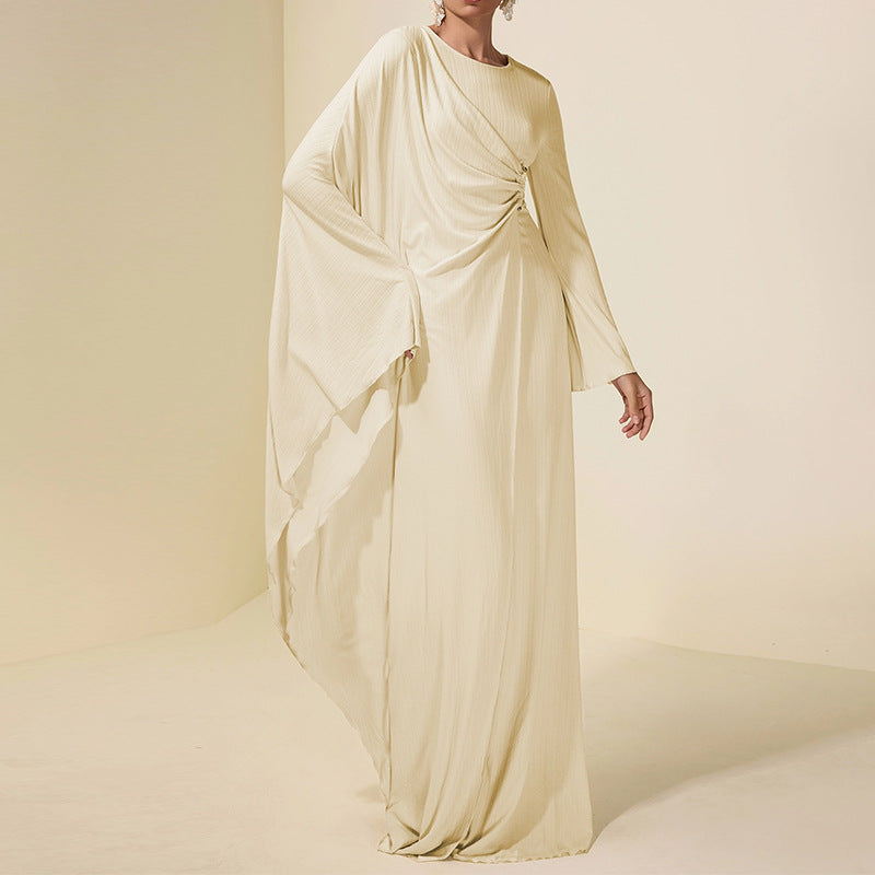 Crew-neck Asymmetrical Ruffle Long-sleeve Apricot Dress