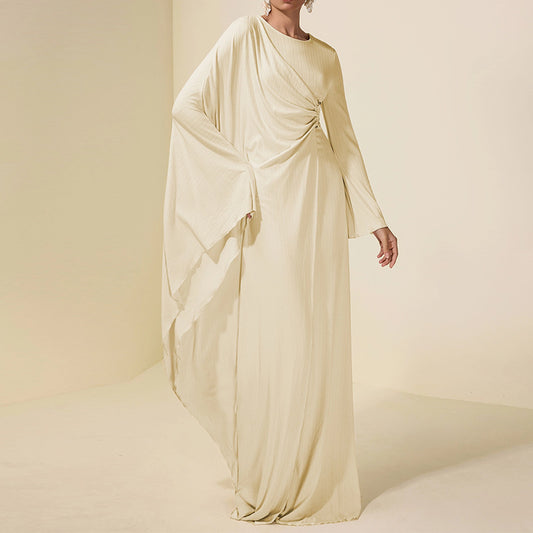 Crew-neck Asymmetrical Ruffle Long-sleeve Apricot Dress