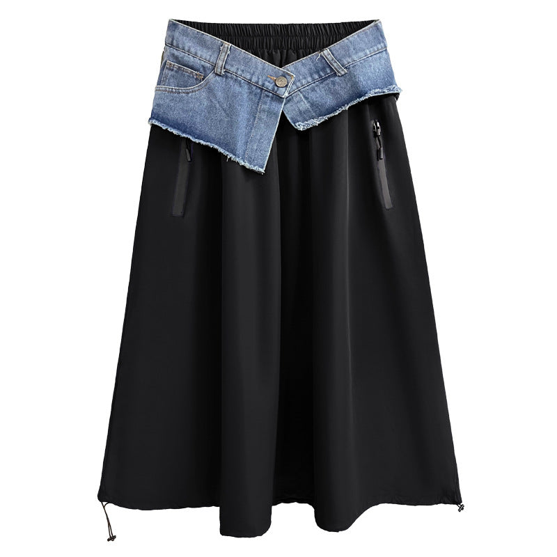 Women's American-style Color Contrast Patchwork Denim Skirt