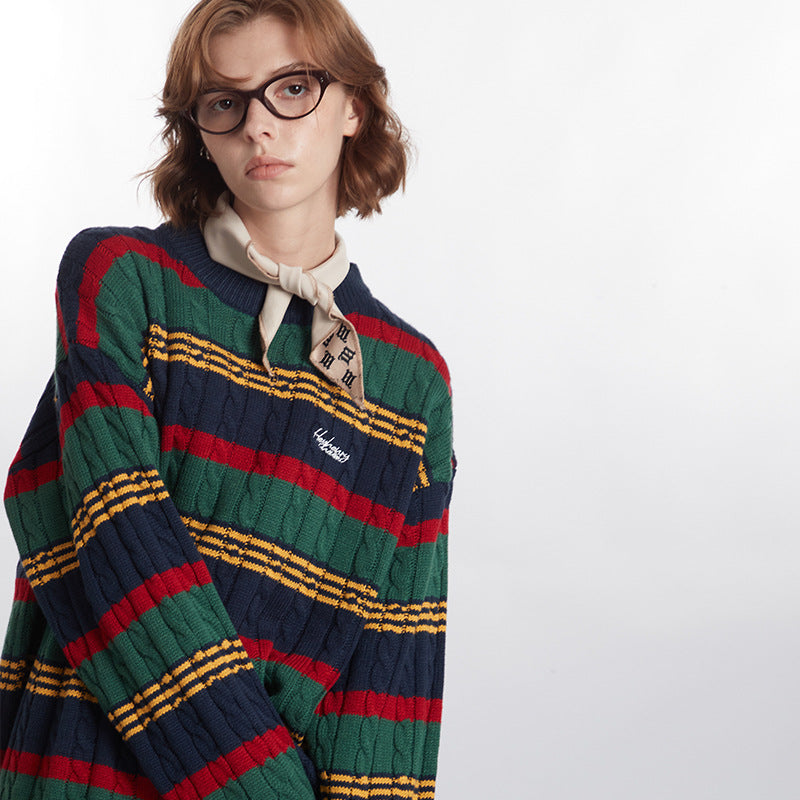Striped Multicolor Casual Retro Couple Sweater