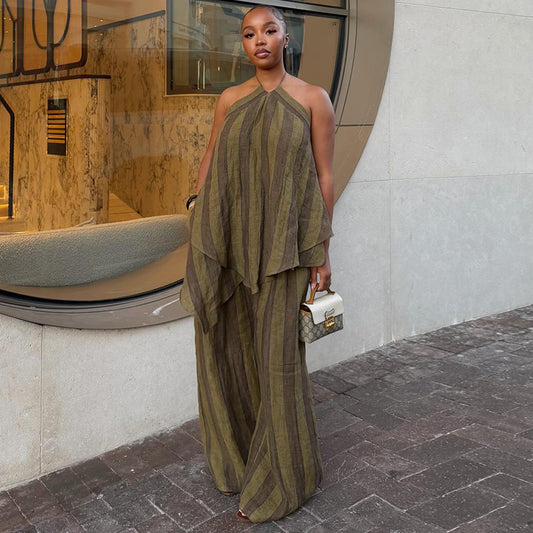 Neck-hanging Sleeveless Asymmetrical Top And Wide-leg Trousers Set