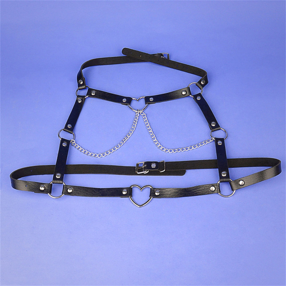 Punk Lady Sweet Love Heart Chain Leather Strap Sexy Waist Chain Body Chain Show Club Dance Leather Belt
