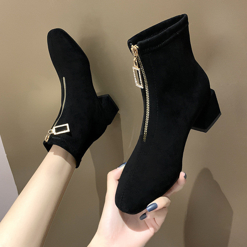 Female British Style Slim Front Zipper Round-toe Short Boots