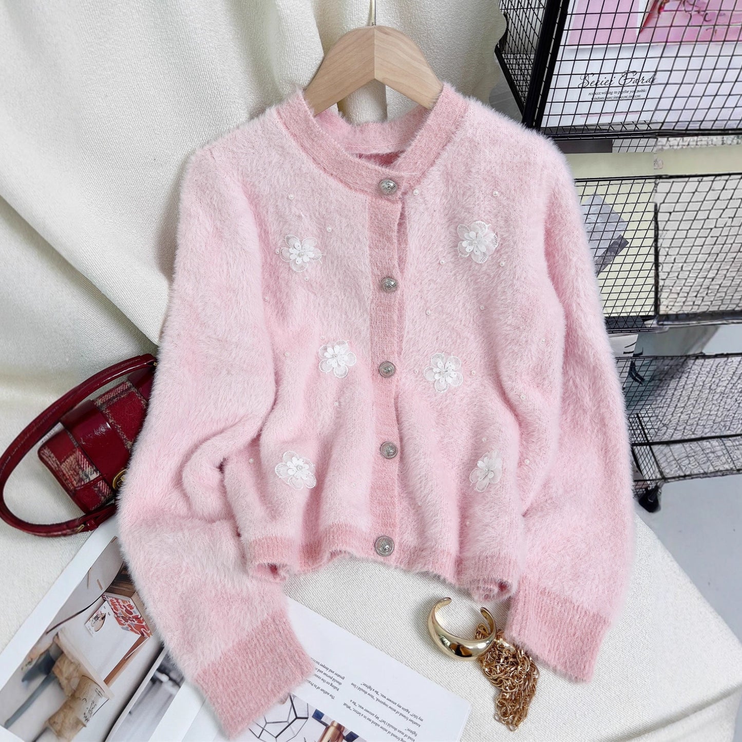 Women's Patchwork Floral Knit Cardigan Round Neck Warm Sweater