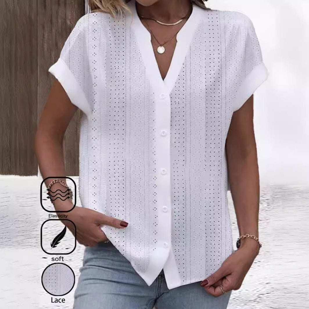 Summer Simplicity Casual V-neck Solid Color Shirt For Women