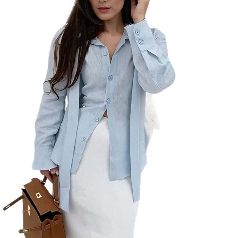 Elegant Tie Summer And Autumn Solid Color Top Korean Style Casual Long Sleeve Shirt