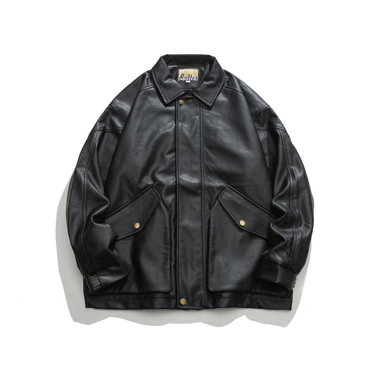 Soft Leather Jacket Men's Double-stand Large Pocket Coat