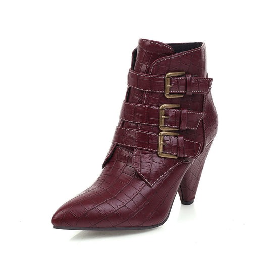 Belt Buckle Roman Super High Heel Booties Side Zipper